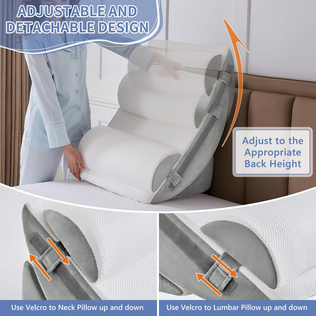 Paxato 9PCS Wedge Pillow Set for After Surgery Recovery, Adjustable Memory Foam Neck Pillow, Foam Leg Pillow, Relieves Neck, Leg Pain, Sleep Apnea, and Functions as a Reading Pillow, Gray