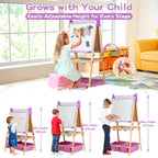 3-in-1 Adjustable Kids Art Easel Set, Height Adjustable Magnetic Whiteboard & Chalkboard with Painting Paper Roll, Wooden Dual-Sided Art Station for Toddlers & Children Ages 3+, Art Supplies Included