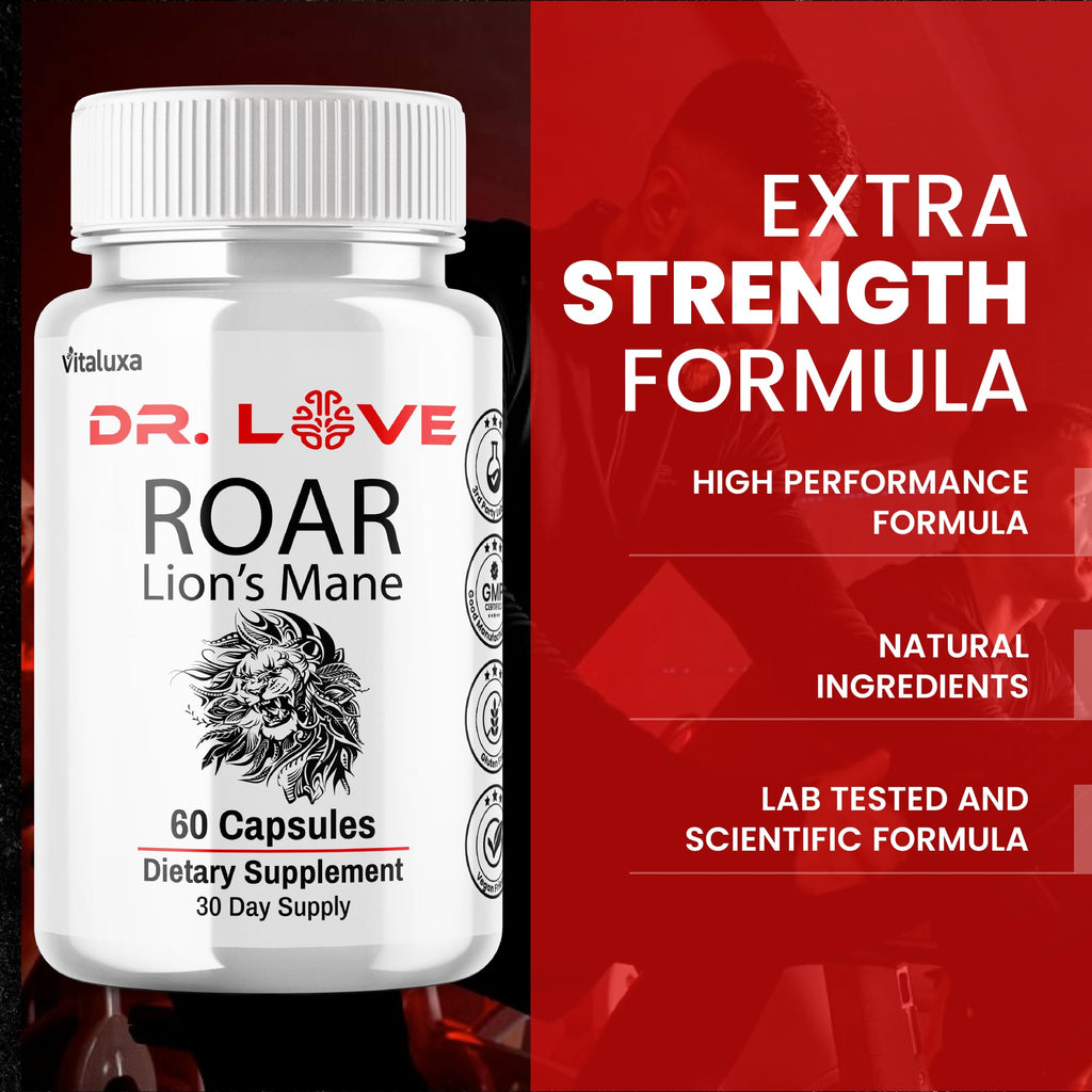 Dr. Love Roar Lions Mane Supplement Capsules, Dr.Love Roar Lion’s Mane Plus Pills Brain and Focus Premium Advanced Official Formula, Doctor Love All Natural Support Pills, Made in USA (60 Capsules)