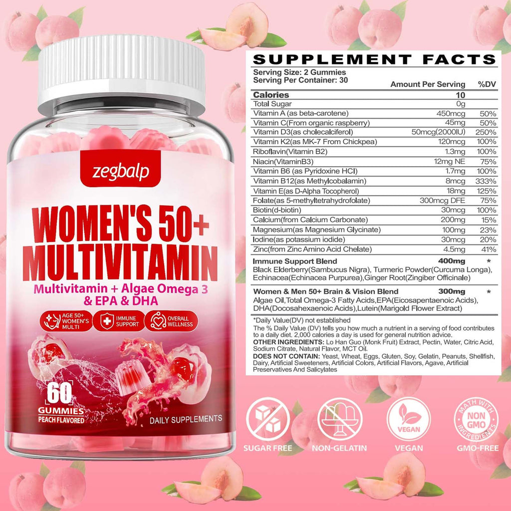 ZEGBALP Sugar-Free Womens Multivitamin 50 Plus Gummies with Calcium, Magnesium, Zinc, Vitamin A, C, D3, E, K2, B Complex, Folate, Biotin - Multi Vitamins & Minerals for Skin, Energy, Immune Support
