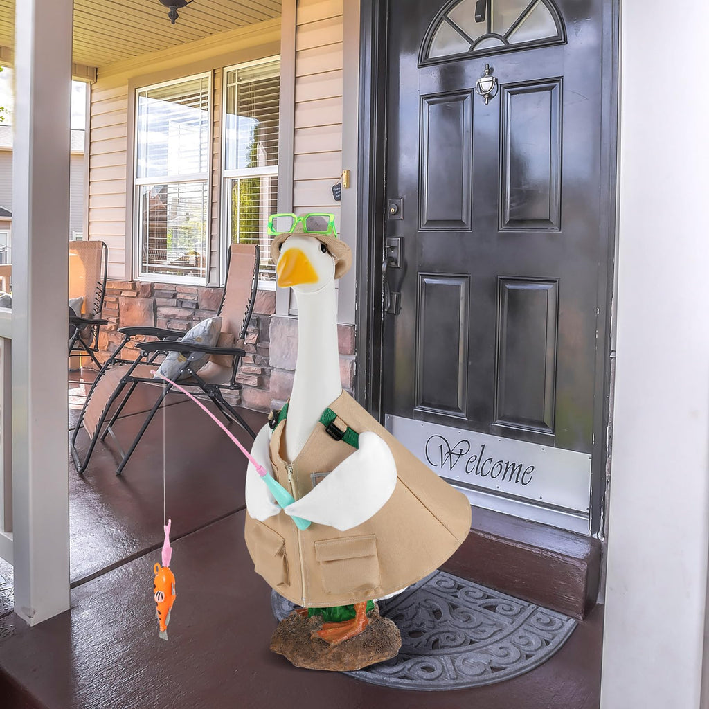 VioraWhite Fishing Goose Outfit Set Cute Lawn Porch Goose Costume Clothes for 23'' Cement Duck Outdoor Garden Yard Patio Camping Fishing Party Decoration