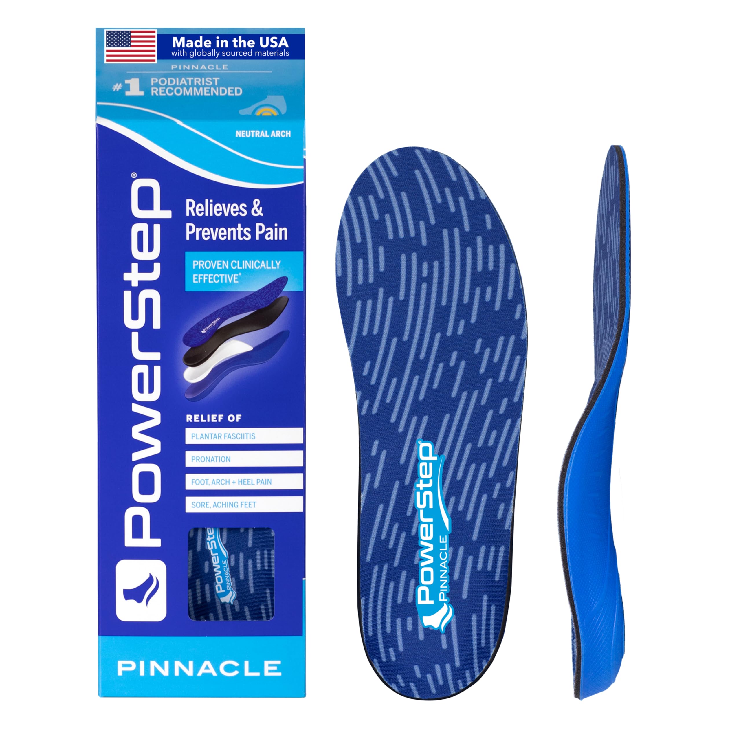 PowerStep Pinnacle Insoles, Orthotics for Plantar Fasciitis Relief, Made in USA Orthotic Insoles, Arch Support Inserts with Moderate Pronation, #1 Podiatrist Recommended (M 10-10.5, W 12-12.5)