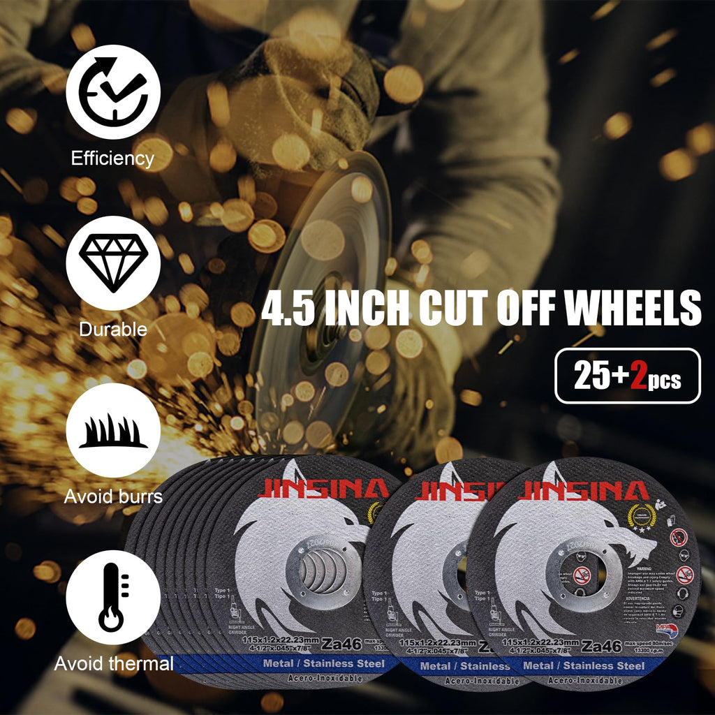 JINSINA Cut Off Wheels 27 PCS, 4 1/2 Inch Metal and Stainless Steel Cutting Wheel, Fast Cutting Disc for Angle Grinder (4-1/2 x .045 x 7/8inch) 25+2pcs