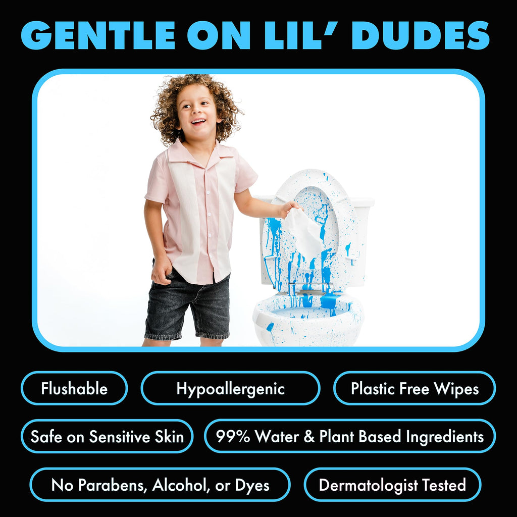 DUDE Wipes LiL' DUDE Flushable Water Wipes for Toddlers - Potty Training Toilet Safe (unlike nonflushable baby wipes) - 99% Water, Hypoallergenic for Sensitive Skin - Unscented, 4 Pack (168 Count).