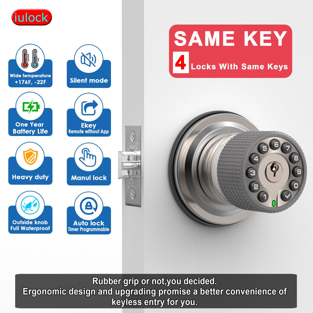 iulock Smart Door Knob with Keypad and Key,Keyless Entry Door Lock with Rubber Grip, Auto Lock,50 User Code,Waterproof, Easy to Install and Program for Bedroom(Stain Nickel Same Key 4 Pack)