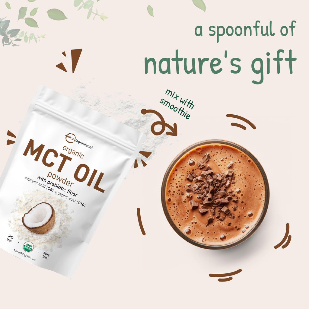 Micro Ingredients Organic MCT Oil Powder with Prebiotic Fiber,1 Pound (16 Ounce) | C8 MCT Oil for Coffee Creamer | No GMOs, Keto Diet, Vegan