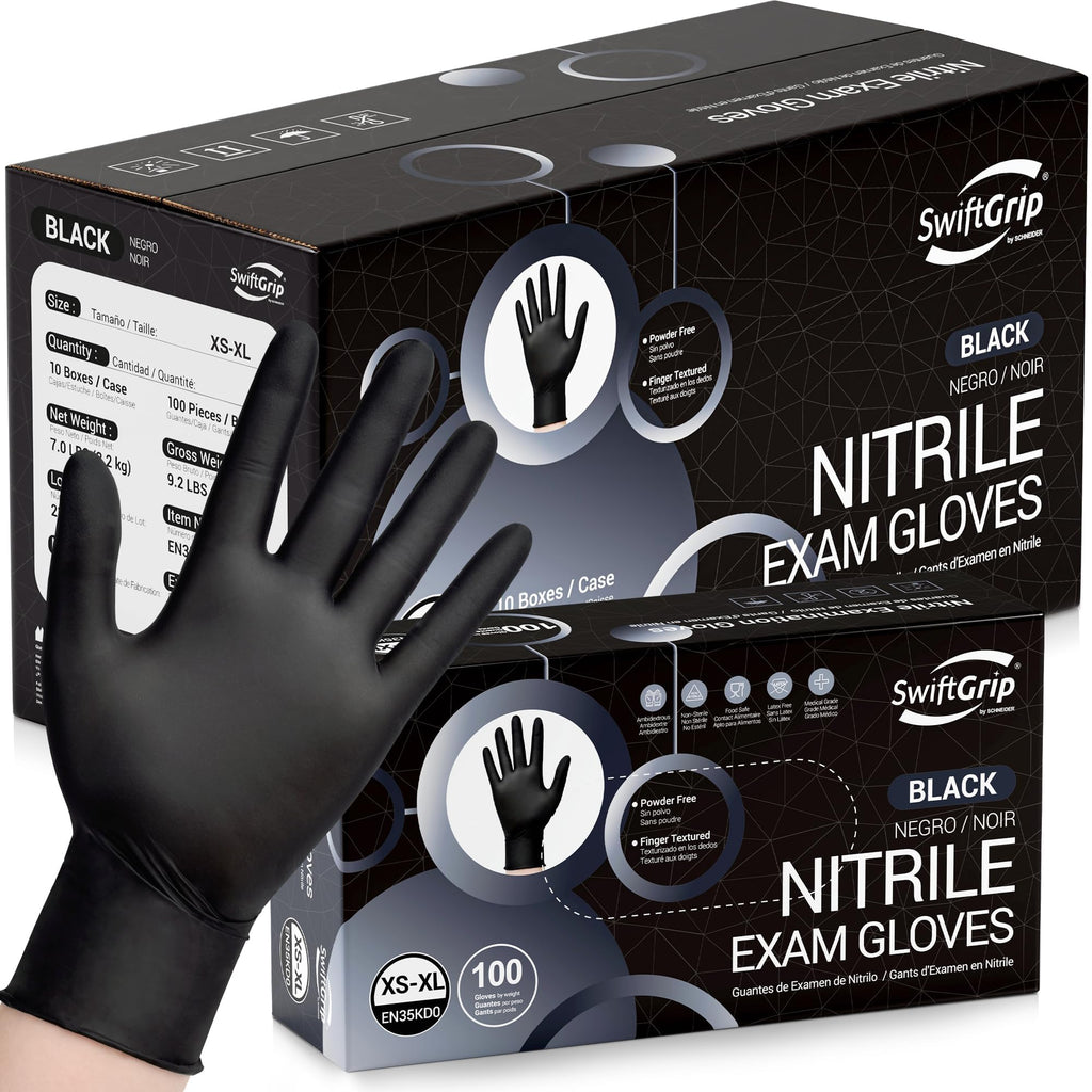 SwiftGrip Black Nitrile Exam Gloves, Disposable Latex Free for Medical, Cooking & Esthetician, Food-Safe Rubber Gloves, Powder Free, Non-Sterile, 1000ct Case (X-Small)
