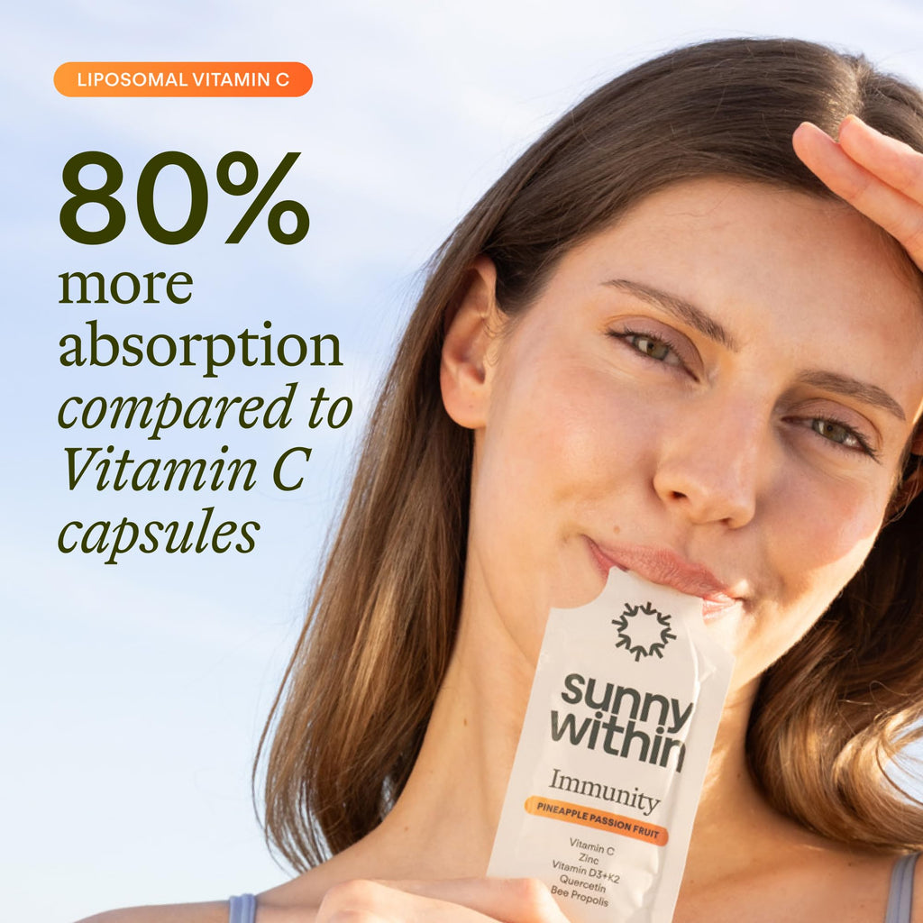 Sunny Within Immunity - Liposomal Vitamin C & Bee Propolis 6-in-1 Packets with Zinc, D3 + K2, Quercetin, Avocado Oil - Antioxidant Liquid Supplement for Immunity, Skin & Bone* - 30 Pouches