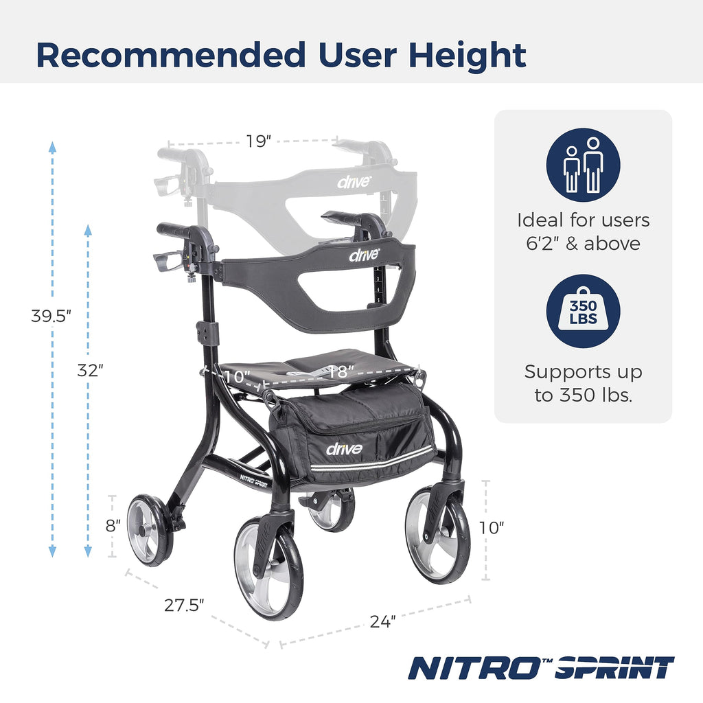Drive Medical Nitro Sprint Foldable Rollator Walker with Seat - Lightweight Support - Large Wheels - Compact Folding Design - Adjustable Comfort - Tall Size - Black