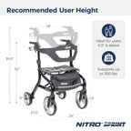 Drive Medical Nitro Sprint Foldable Rollator Walker with Seat - Lightweight Support - Large Wheels - Compact Folding Design - Adjustable Comfort - Tall Size - Black