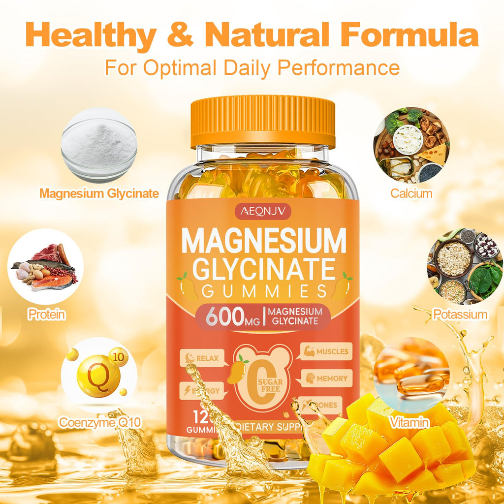 Magnesium Glycinate Gummies 600mg, Chewable Sugar Free Potassium Magnesium Gummies with Magnesium Glycinate, Vitamin D, B6 and CoQ10 for Sleep, Relaxation, Brain & Muscle, 120 Count