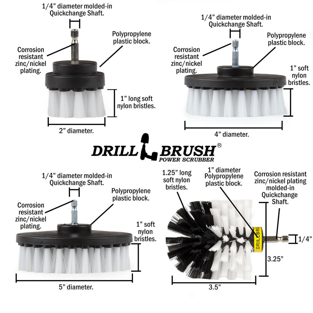 Interior Car Detailing Drill Brush Set - Soft Bristle Power Scrubber Attachments for Cleaning Car, Truck, Upholstery, Carpet, Leather, Seats, Wheels, Rims, Dash, Console, & Trim - Nylon Auto Scrubber