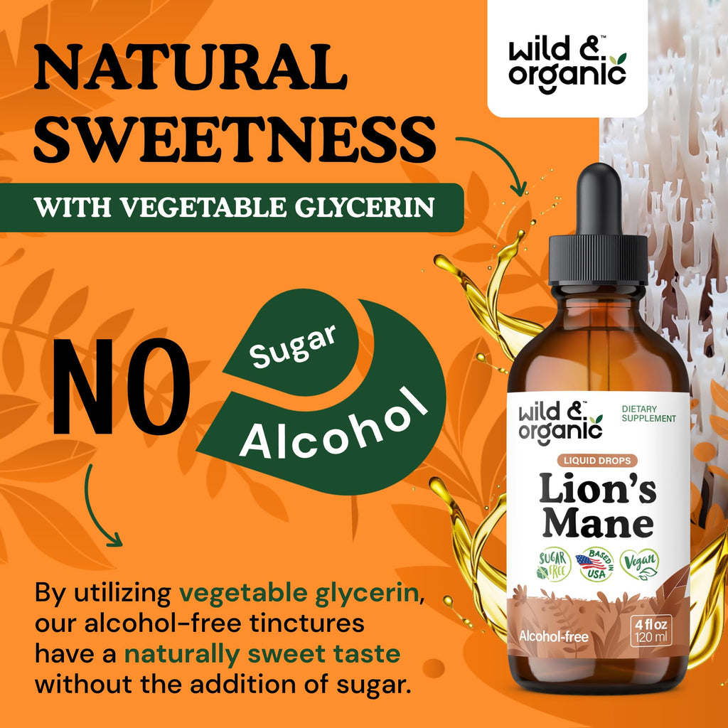 Wild & Organic Lions Mane Liquid Drops - Brain & Focus Support - 84-Day Supply - Lion's Mane Mushroom Supplement - Hericium Erinaceus Mushroom Drops - Sugar & Alcohol-Free Extract Tincture - 4 fl oz