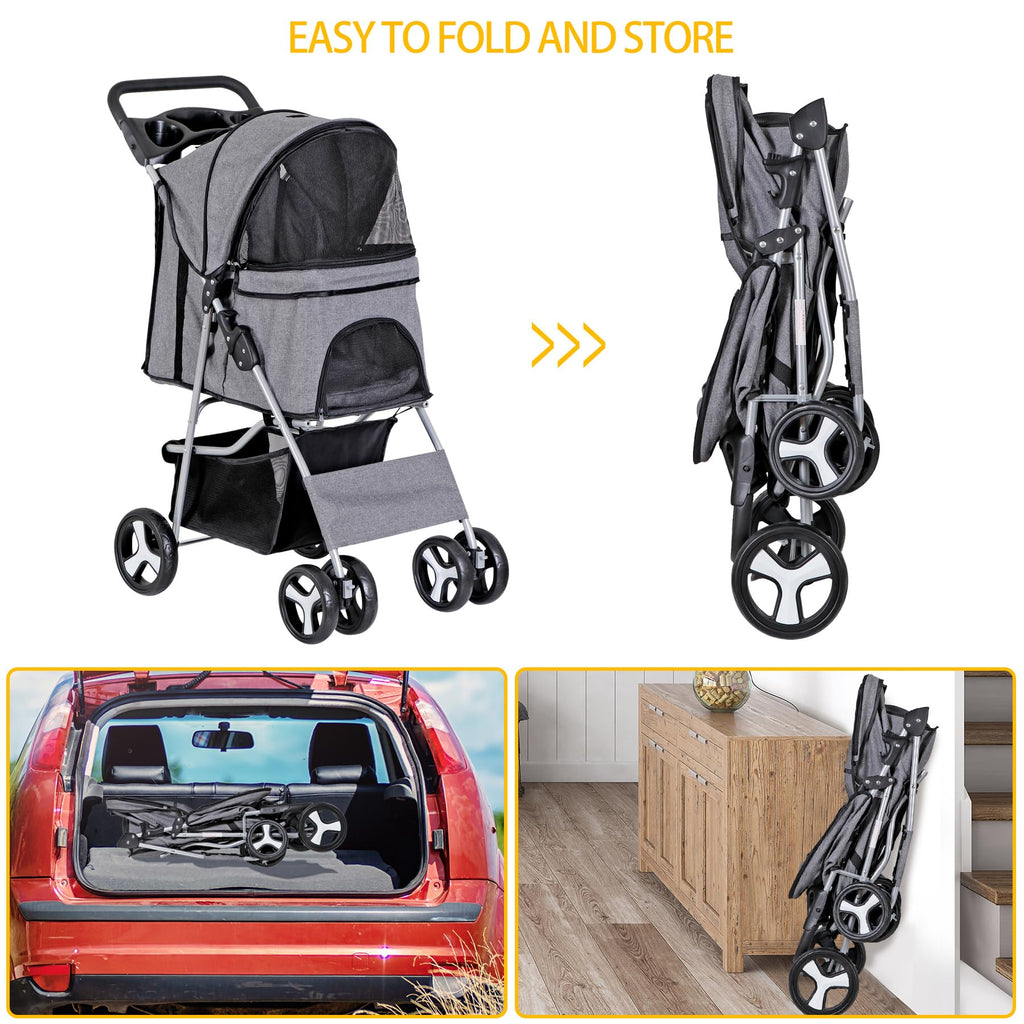 ZENY Foldable Pet Stroller, Cat/Dog Stroller with 4 Wheel, Pet Travel Carrier Strolling Cart with Storage Basket, Cup Holder (Grey)