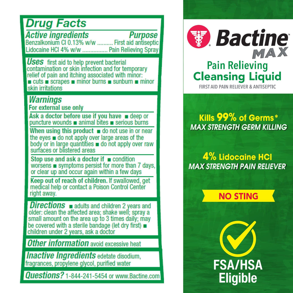 Bactine MAX First Aid Spray - Pain Relief Cleansing Spray with 4% Lidocaine - Numbing Lidocaine Kills 99% of Germs - Pain + Itch Relief for Minor Cuts & Scrapes, Burns & Bug Bites - 5oz, 4 Pack