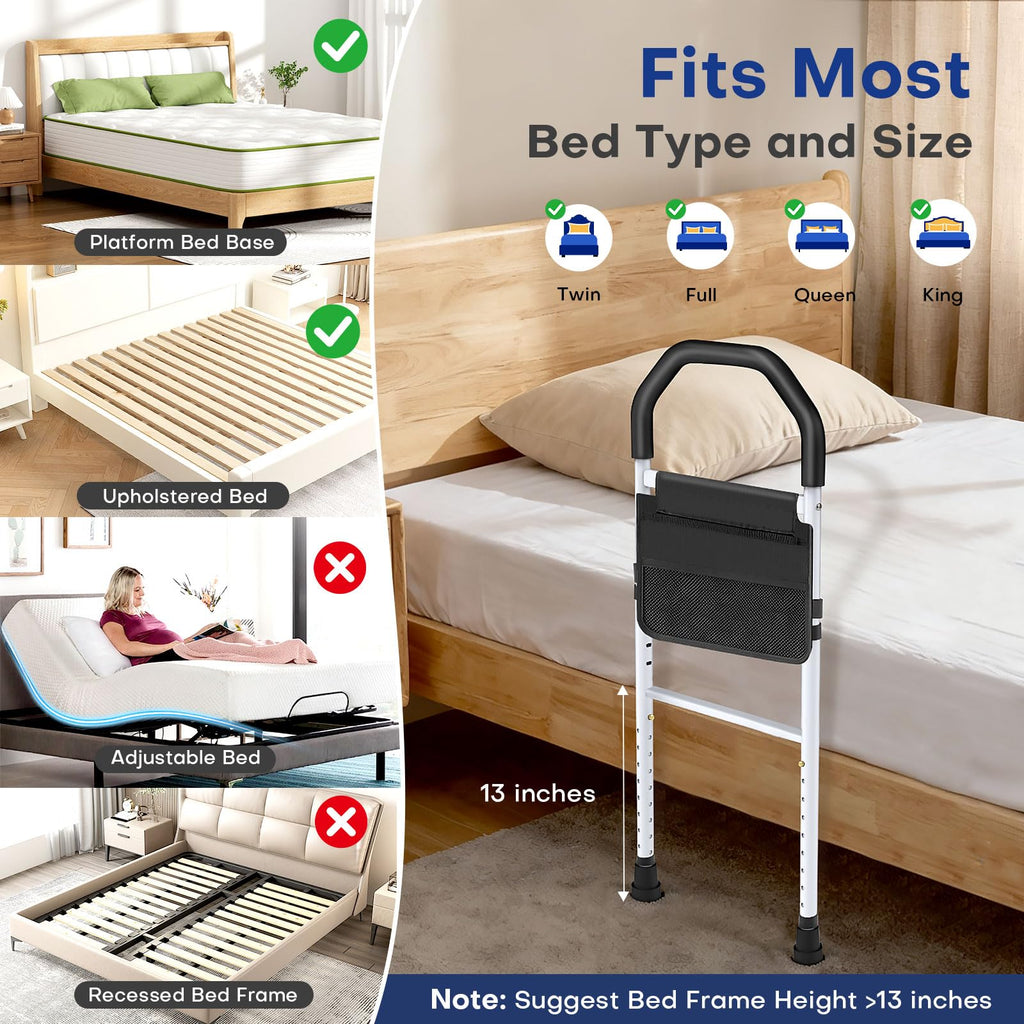 MNIENT Bed Rails for Elderly Adults Safety - ASTM Approved Bed Side Rail for Seniors with Support Leg,Two-side Storage Bag, Non-Slip Bed Assist Cane Guard,Adjustable Bedrails for King,Queen,Full,Twins