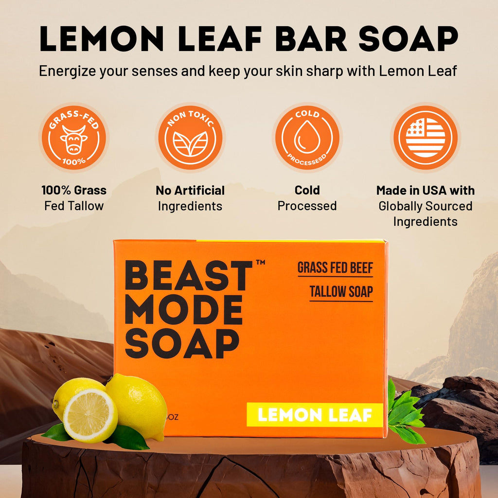 Beast Mode Soap for Men, Lemon Leaf, Single Bar – Natural Grass-Fed Tallow Bar Soap, Fresh Scent, Handcrafted, Non-Toxic