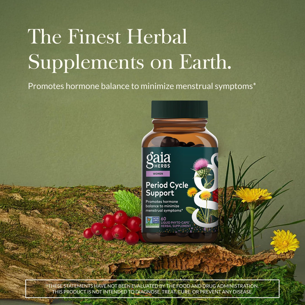 Gaia Herbs Period Cycle Support - Supports Hormone Balance & PMS Relief* - Herbal Supplement with Vitex Berry & Schisandra - Free from Gluten, Dairy & Soy - 60 Vegan Liquid Phyto-Caps (30 Servings)