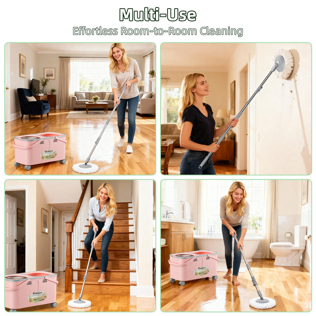 2026 Upgraded Gen 2 Spin Mop and Bucket Set with 4 Swivel Wheels for Easy Rolling, Separates Clean & Dirty Water, Floor Mop with 6 Washable Mop Heads for Wood, Tile, Vinyl, Baseboards - Pink