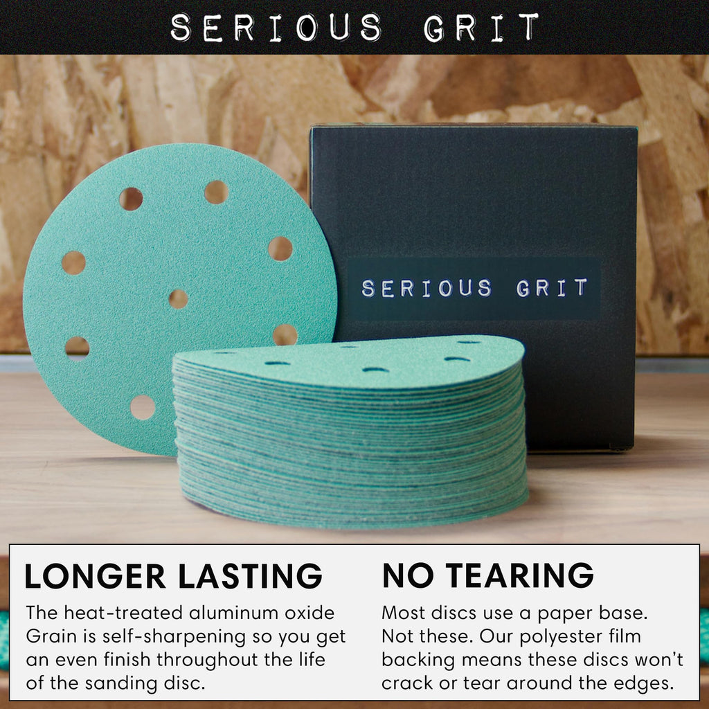 Serious Grit - 5-Inch 9-Hole 60 Grit Sanding Discs - Heavy-Duty Hook & Loop Film Discs - Sandpaper for Random Orbital Sanders - 25 Pack Box