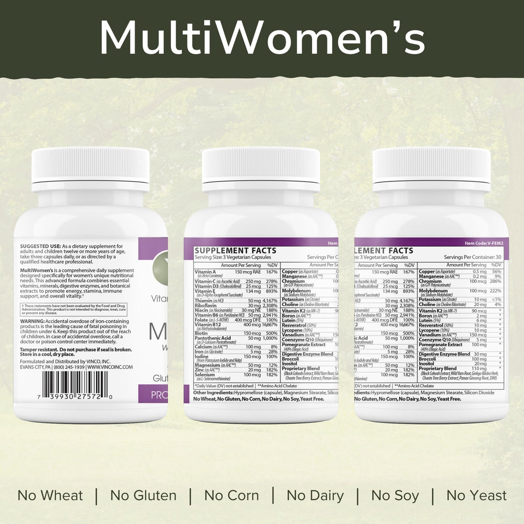 Vinco Inc - MultiWomen’s with Digestive Enzymes Daily Supplement | (90 Capsules) | Multivitamin for Women | Supports Energy, Hormone Balance, Immunity & Digestion | Gluten Free & Vegetarian
