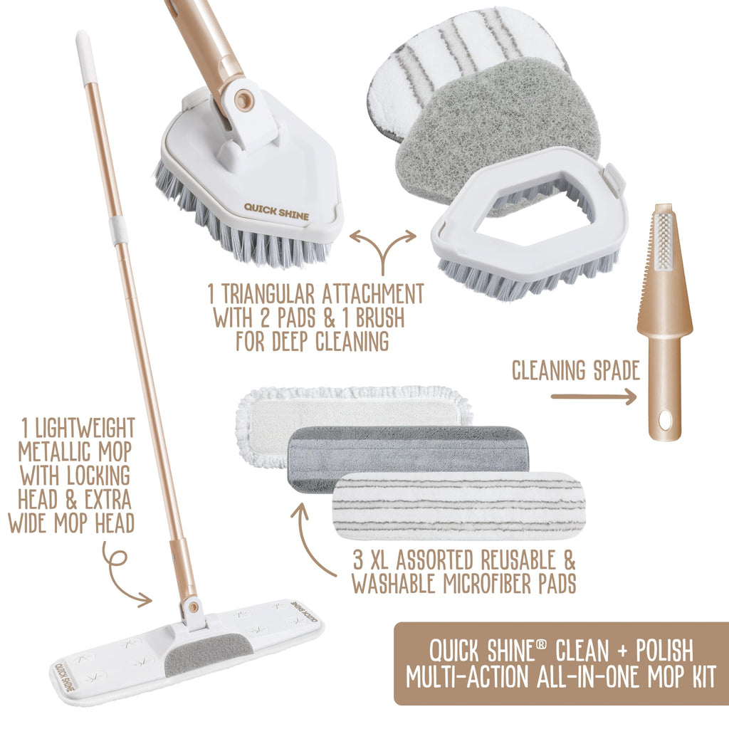 Quick Shine Ultimate Gold Clean + Polish Mop Kit | All-in-One 9 Pc Kit w/Interchangeable Attachments | No Batteries Needed | Pro Cleaning System for All Floor Types | 2-in-1 Mop
