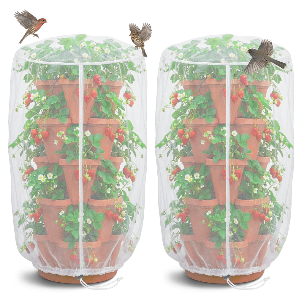 Warmfarm 2 Pcs Vertical Plant Pot Insect Netting,5-Tier Stackable Planter Garden Net Cover for Strawberry, Planter Pot Protection Mesh with Drawstring for Strawberry Herb Vegetable Flower Fruit
