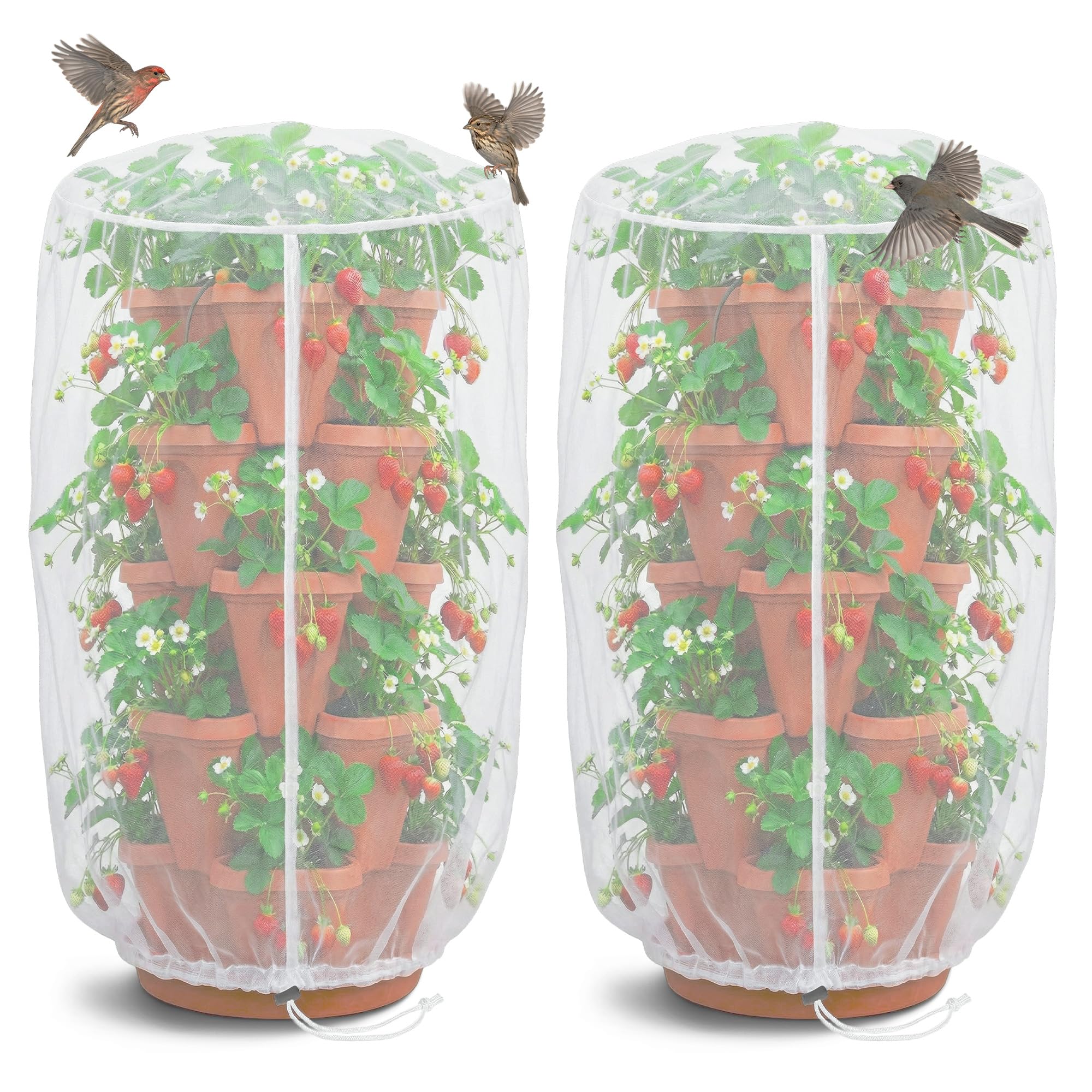 Warmfarm 2 Pcs Vertical Plant Pot Insect Netting,5-Tier Stackable Planter Garden Net Cover for Strawberry, Planter Pot Protection Mesh with Drawstring for Strawberry Herb Vegetable Flower Fruit