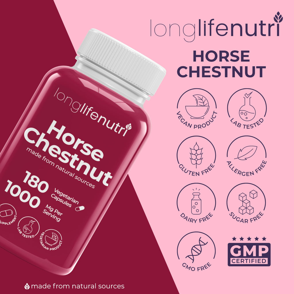 LongLifeNutri Horse Chestnut Extract 500mg - 180 Vegetarian Capsules, Organic Supplement for Daily Wellness & Circulation, 3-Month Supply, GMP Certified, Made in USA
