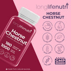 LongLifeNutri Horse Chestnut Extract 500mg - 180 Vegetarian Capsules, Organic Supplement for Daily Wellness & Circulation, 3-Month Supply, GMP Certified, Made in USA