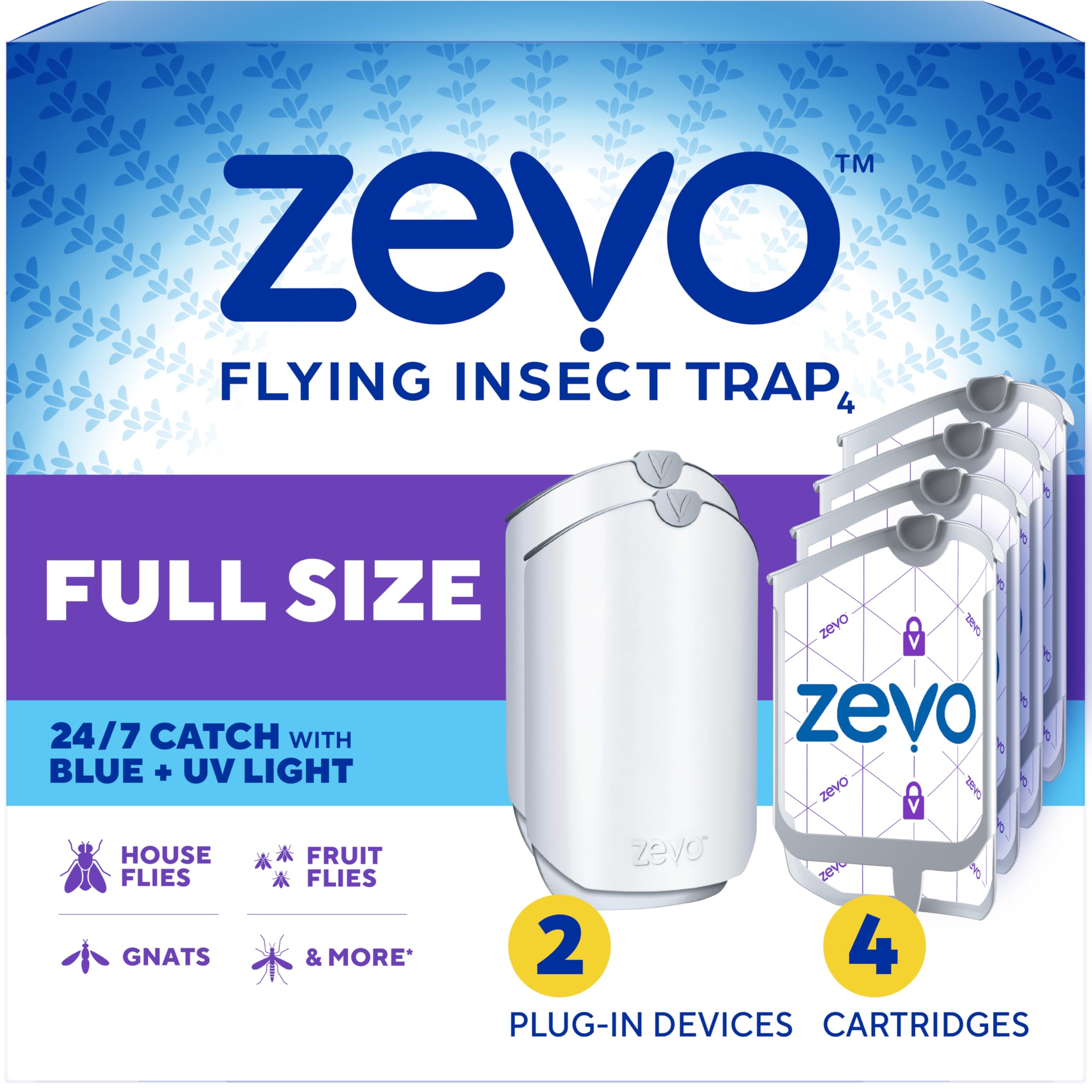 Zevo Flying Insect Traps - Plug-in Indoor Fly Trap and Bug Light Trap Refill with Blue and UV Light - No-Mess Cartridge for House Flies, Fruit Fly Trap and Gnats (2 Plug-in Bases and 4 Cartridges)