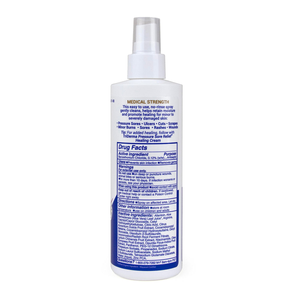 TriDerma Pressure Sore Relief Wound Cleanser, Gentle Cleansing for Bed Sores, Ulcers, Pressure Sores, Wounds and Hard-to-Heal Skin Sores with AP4 Aloe Vera and Niacinamide, Fragrance Free 8.2 oz Spray