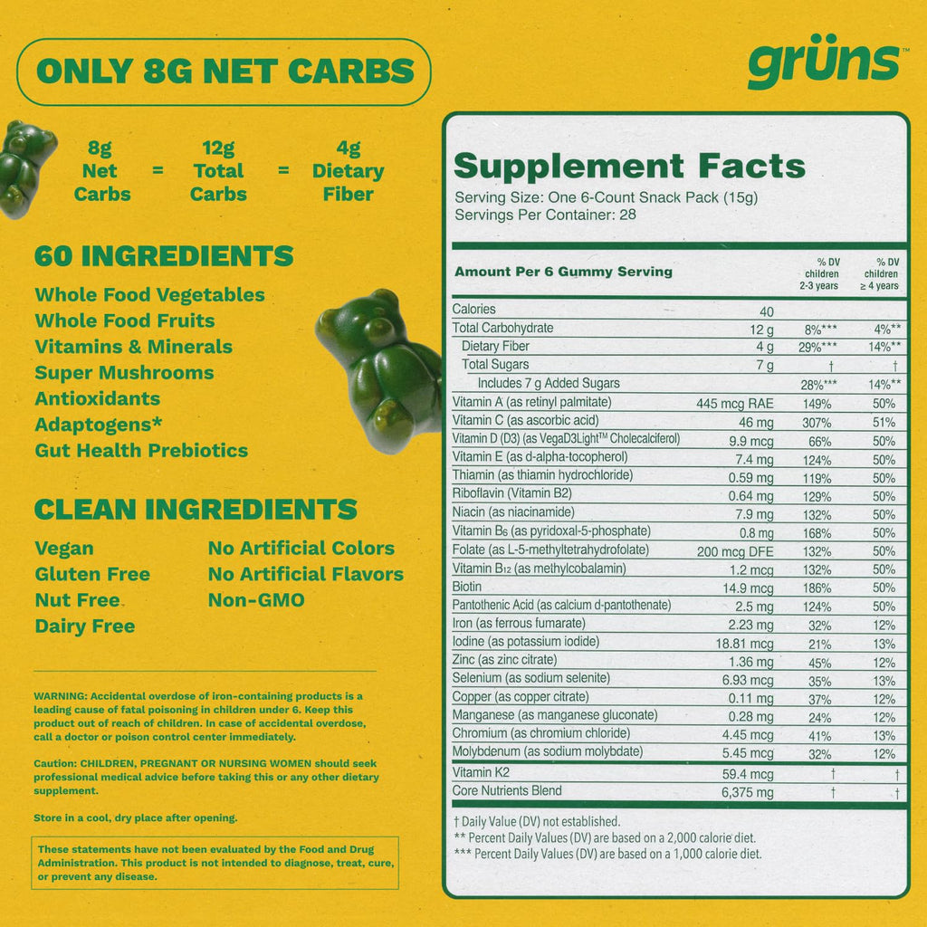 Gruns Multivitamin for Kids, Super Greens Gummies, Superfood Gummy Bears with 20+ Vitamins & Minerals, Spirulina, Chlorella, Alfalfa, Prebiotics Fiber for Digestive Health, Adaptogens Supplement, 28ct