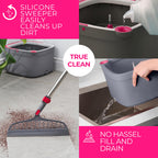 True & Tidy True Clean Spin Mop & Bucket System – Dual Compartment Design for Clean & Dirty Water, 360° Swivel Mop Head, Built-in Scrubbing Brush, Stainless Steel Handle & 2 Reusable Microfiber Pads
