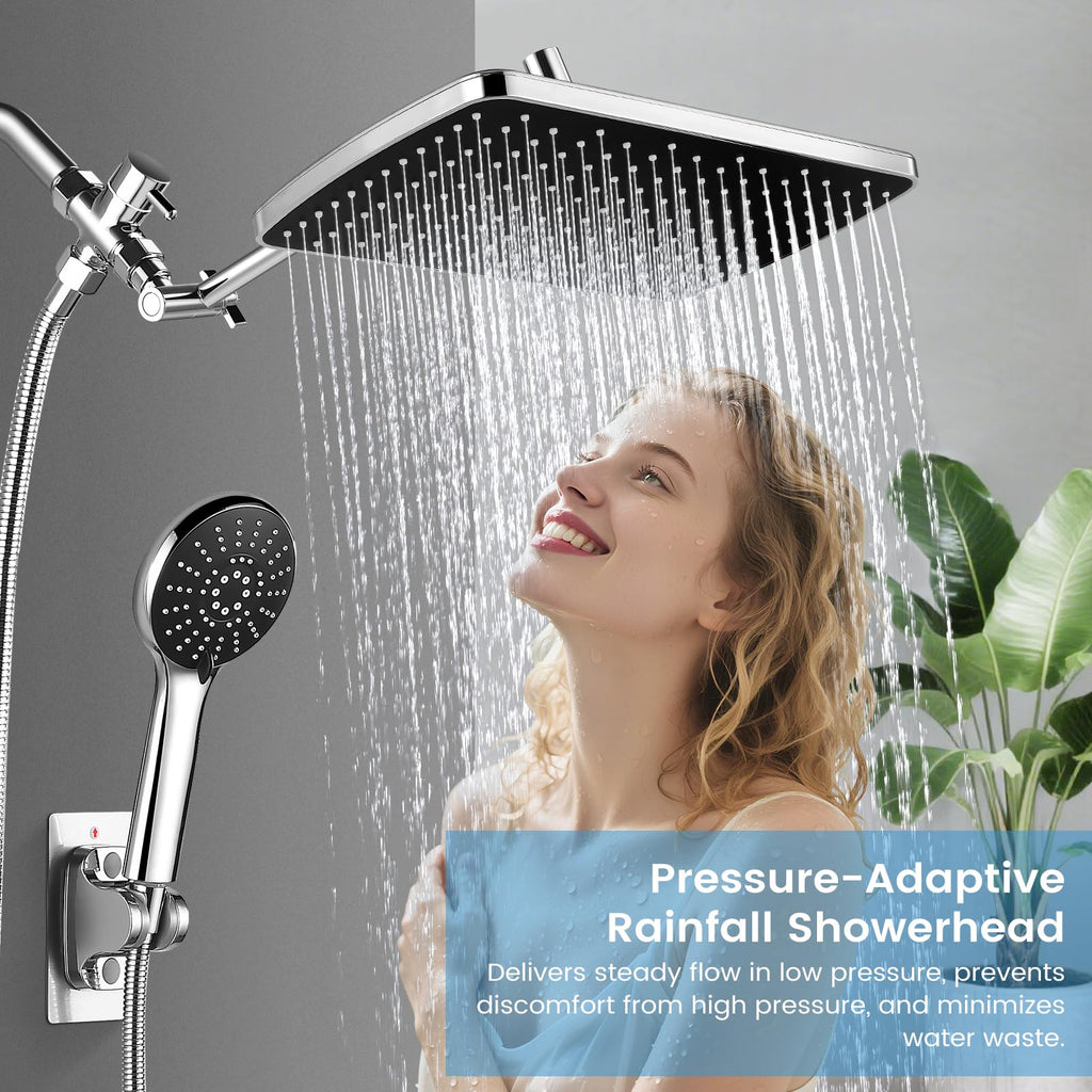 RNDIOZD Shower Head with Handheld,11.8 Inch Large Rectangular Rain Shower Head with 5 Modes Handheld Spray Combo,Adjustable Double Shower Heads with Holder and 11'' Extension Arm,Chrome