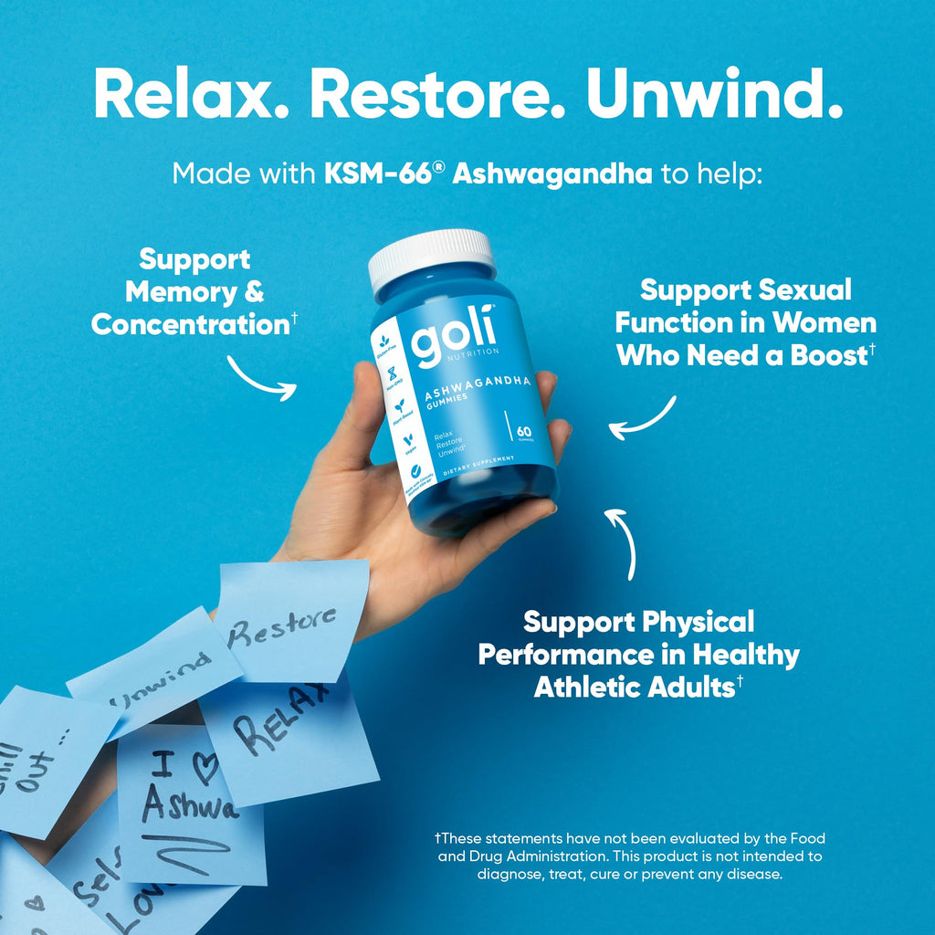 Goli Ashwagandha Gummies with KSM-66 and Vitamin D - Premium Root Extract - Vegan, Non-GMO - Mixed Berry Flavor - 60 Count (5-Pack, 300 Total)