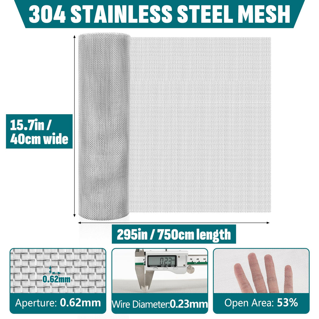 30 Mesh 304 Stainless Steel Mesh Screen, 15.7'' x 295''(40cm x 750cm) Wire Screen Mesh, Rust Free Woven Wire Mesh, Metal Mesh Screen for Air Vents, Garden Covers, Filters, Window Screen