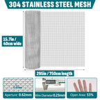 30 Mesh 304 Stainless Steel Mesh Screen, 15.7'' x 295''(40cm x 750cm) Wire Screen Mesh, Rust Free Woven Wire Mesh, Metal Mesh Screen for Air Vents, Garden Covers, Filters, Window Screen