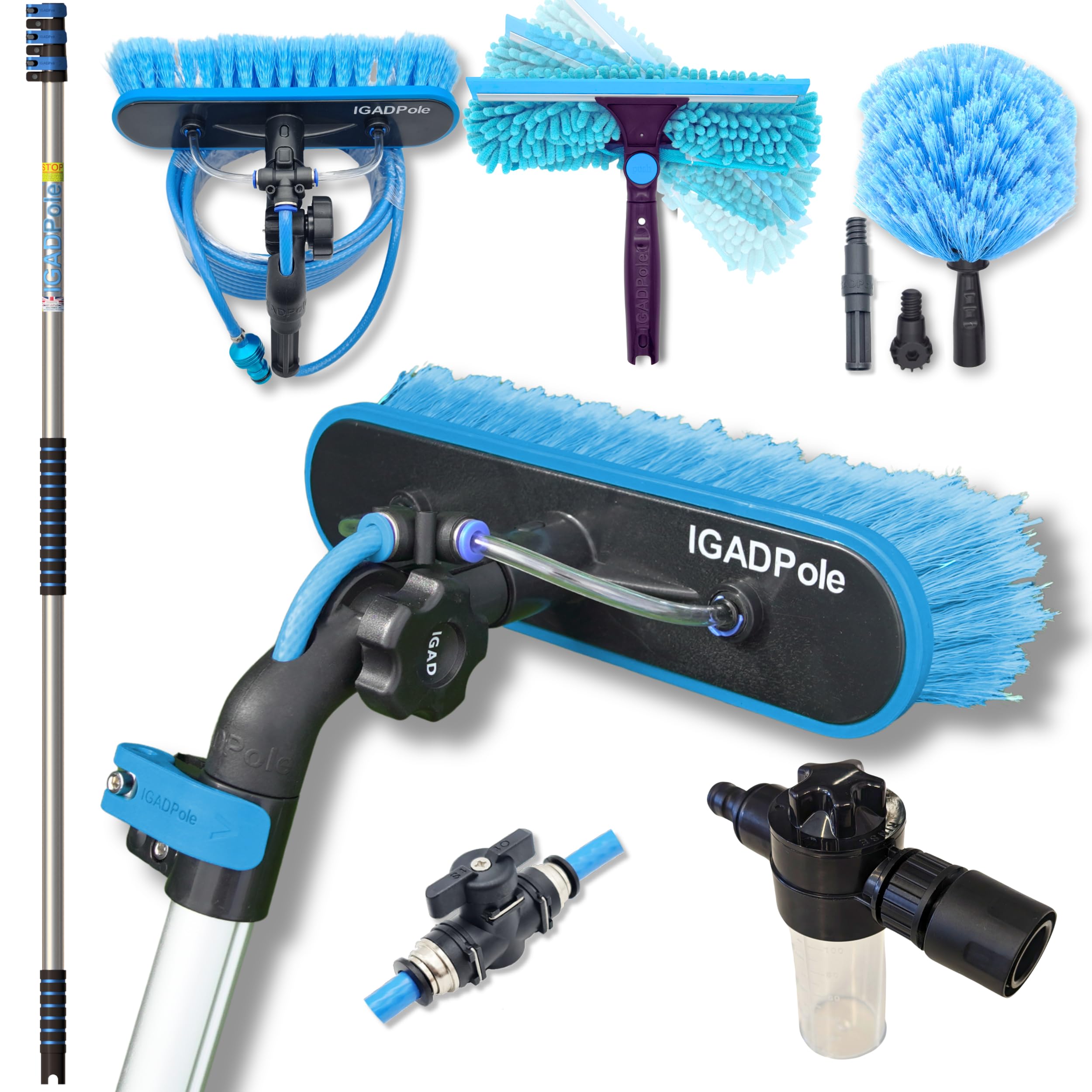 IGADPole 12 FT Water-Fed Washing Kit with Soap-Dispenser, Brush, 10″ Squeegee & Cobweb Duster for Windows, Gutters, Solar Panels & Exterior Walls
