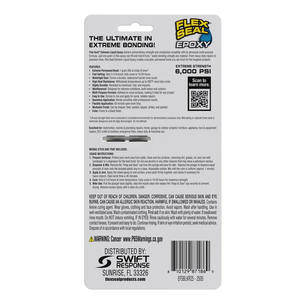 Flex Seal Epoxy Extreme Liquid Waterproof Adhesive, Black, 0.85 oz Syringe