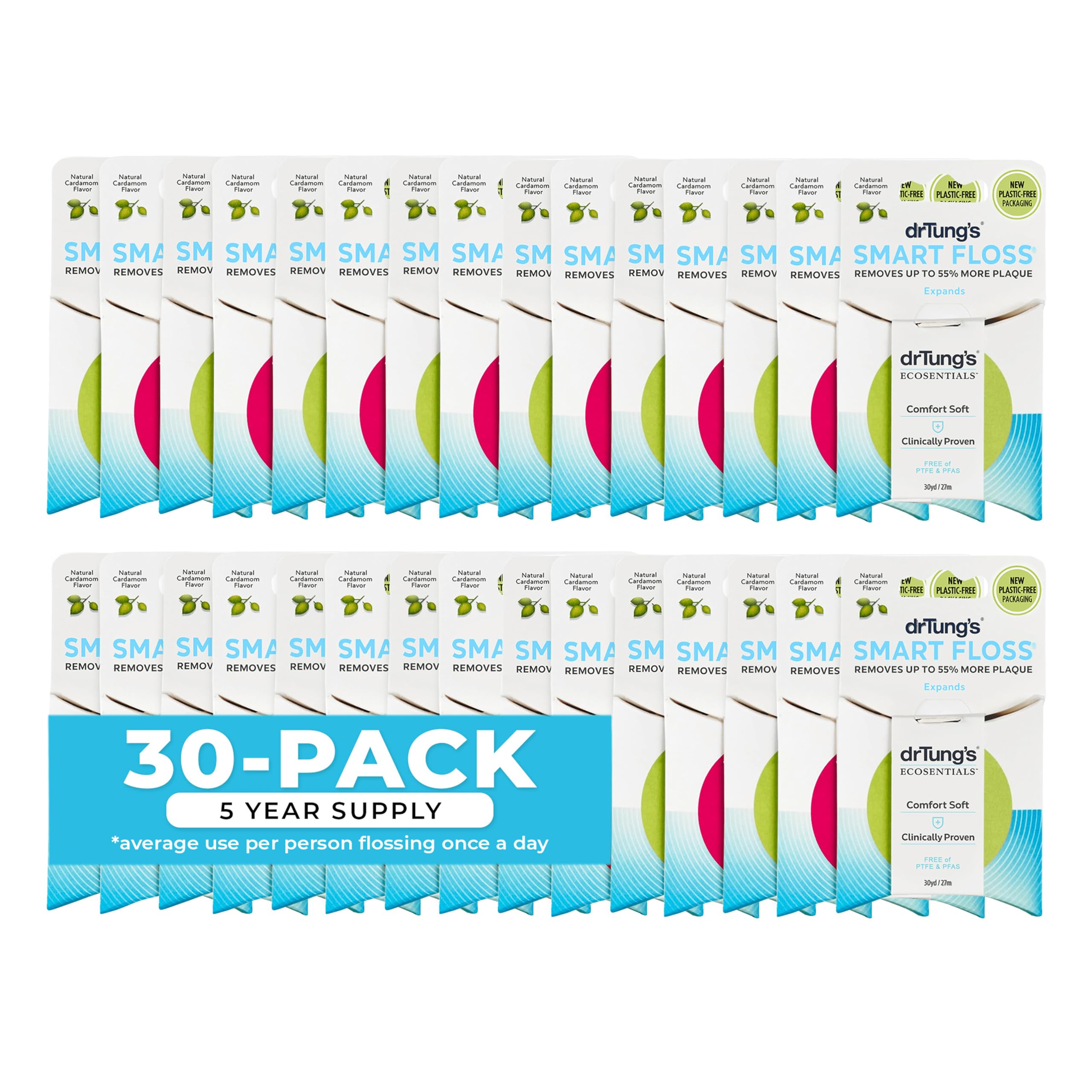 DrTung's Smart Floss - Natural Floss, PTFE & PFAS Free Floss, Gentle on Gums, Expands & Stretches, BPA Free - Natural Dental Floss Cardamom Flavor (Pack of 30)