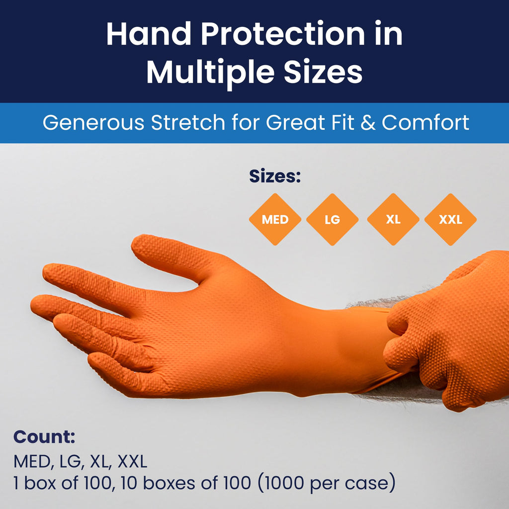 Adenna ProWorks CATCH Disposable Nitrile Gloves – 9 Mil, Heavy Duty Work Rubber Glove with Raised Pyramid Grip, Non–Latex & Powder Free, Case of 1000, Medium, Orange