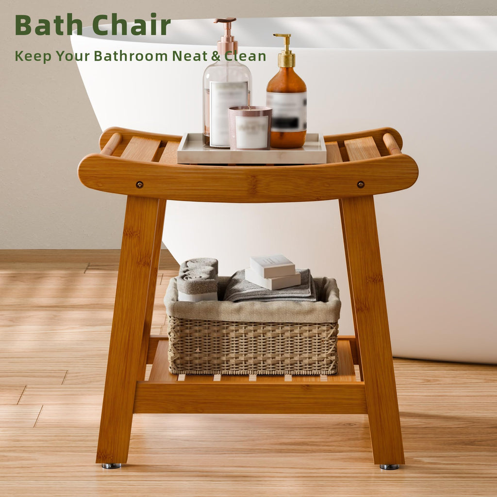 Aollewoiti Bamboo Shower Bench Stool with Storage Shelf, Waterproof Shower Seat for Shaving Legs, 2-Tier Bathroom Bench Spa Seat Non-Slip, Shower Chair for Bathroom, Indoor, Outdoor Use, Brown