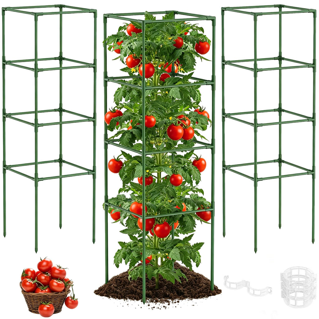 3 Pack Tomato Cage, 14.5" W x 53" H Square Tomato Trellis with 50 Pcs Clips