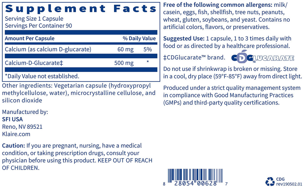 Klaire Labs SFI Health Calcium D-Glucarate 500mg - Supports Healthy Estrogen Metabolism & Detoxification - Liver & Detox Support Supplement - Gluten-Free, Yeast-Free & Hypoallergenic (90 Capsules)