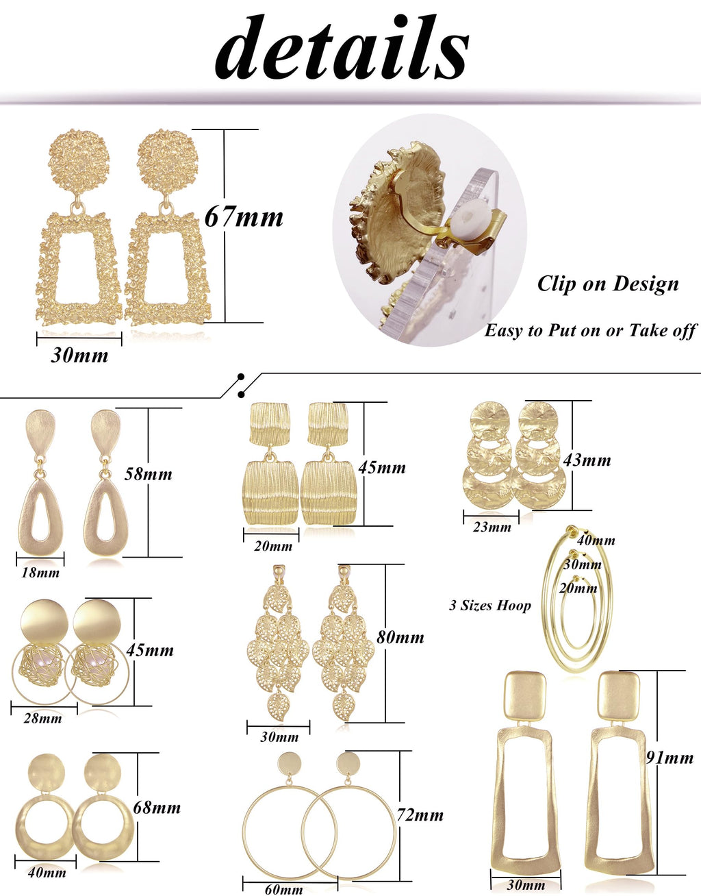 Tornito 12 Pairs Clip on Drop Earrings Leaf Round Square Trapezoid Rectangle Hoop Geometric Drop Dangle Statement Earrings Lightweight Clip on Earrings Non Piercing Set for Women Gold Tone