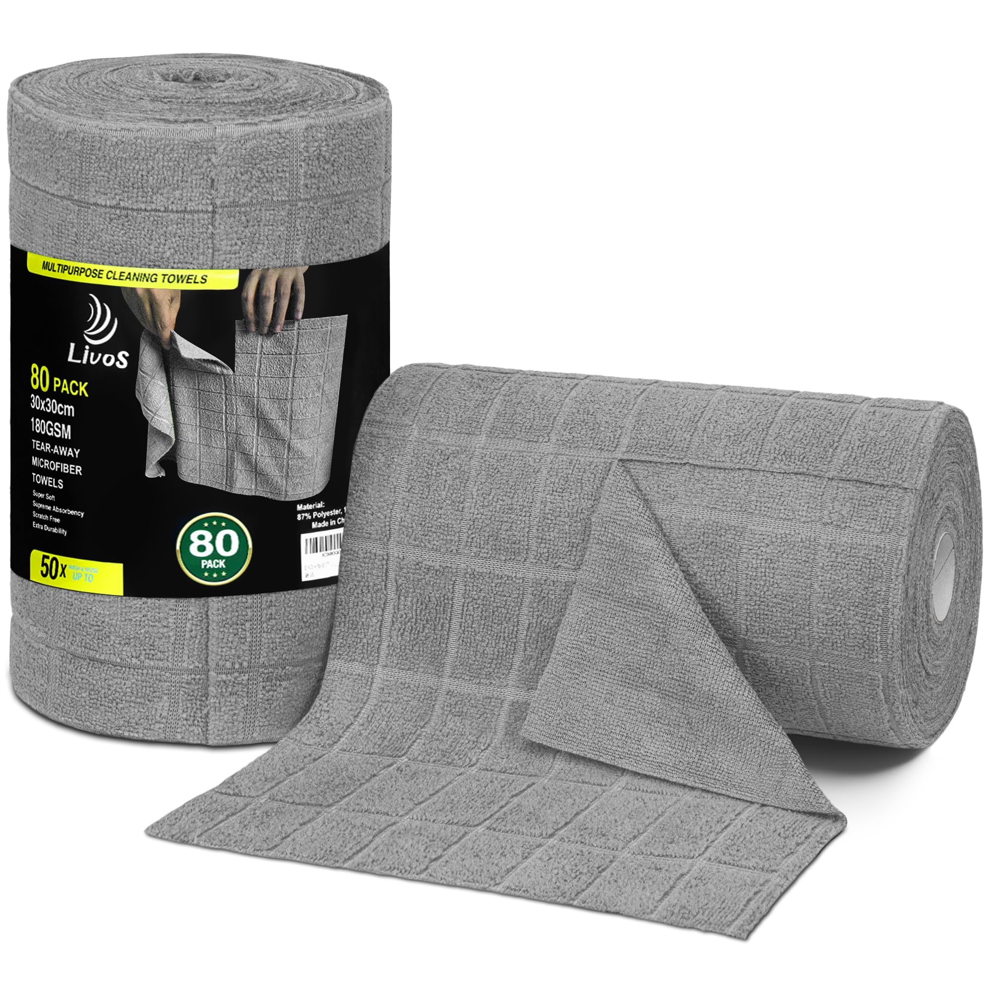 LIVOS Microfiber Cleaning Cloth Roll - 80 Pack, Reusable Paper Towels, Microfiber Towels for Cars, Super Absorbent Lint Free Cleaning Rags for House, Kitchen, Window-Check Grey, 11.5"x11.5"