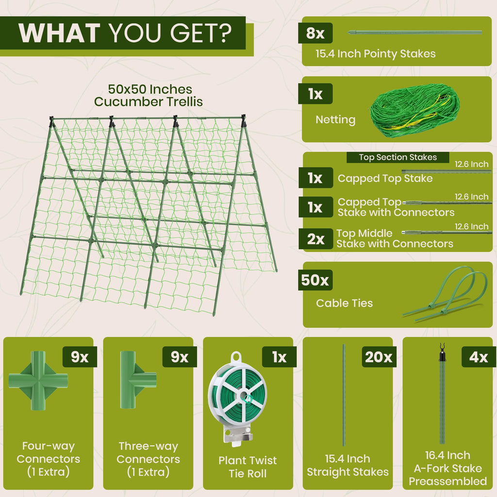 50x50 Cucumber Trellis for Raised Bed - A Frame Garden Trellis for Climbing Plants Outdoor - Cucumbers, Pea, Zucchini, Squash,Tomato, Green Bean, Vine, Watermelon, Melon, Pumpkin