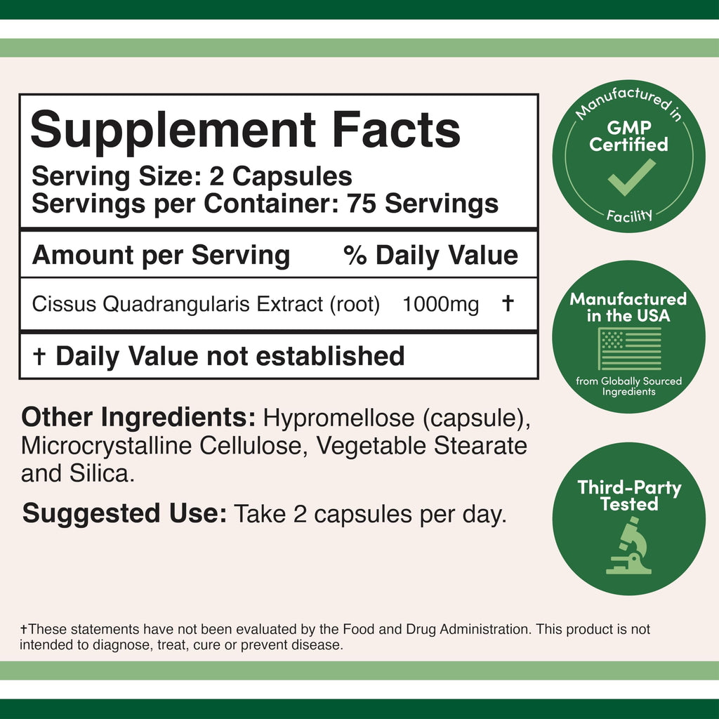 Double Wood Supplements Cissus Quadrangularis Super Extract, 150 Capsules (Non-GMO, Gluten Free) Dietary Supplement for Joint and Tendon Health, 1000mg Serving Size