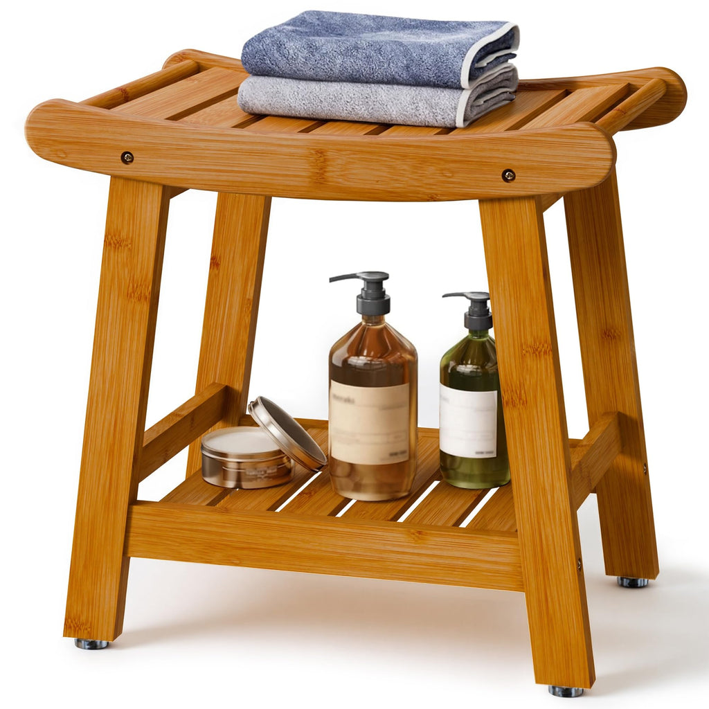 Aollewoiti Bamboo Shower Bench Stool with Storage Shelf, Waterproof Shower Seat for Shaving Legs, 2-Tier Bathroom Bench Spa Seat Non-Slip, Shower Chair for Bathroom, Indoor, Outdoor Use, Brown